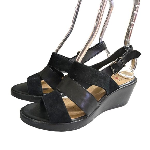 Clarks Un Plaza Go Combi Black Leather Wedge Sandal Sz 8.5 - Picture 1 of 10